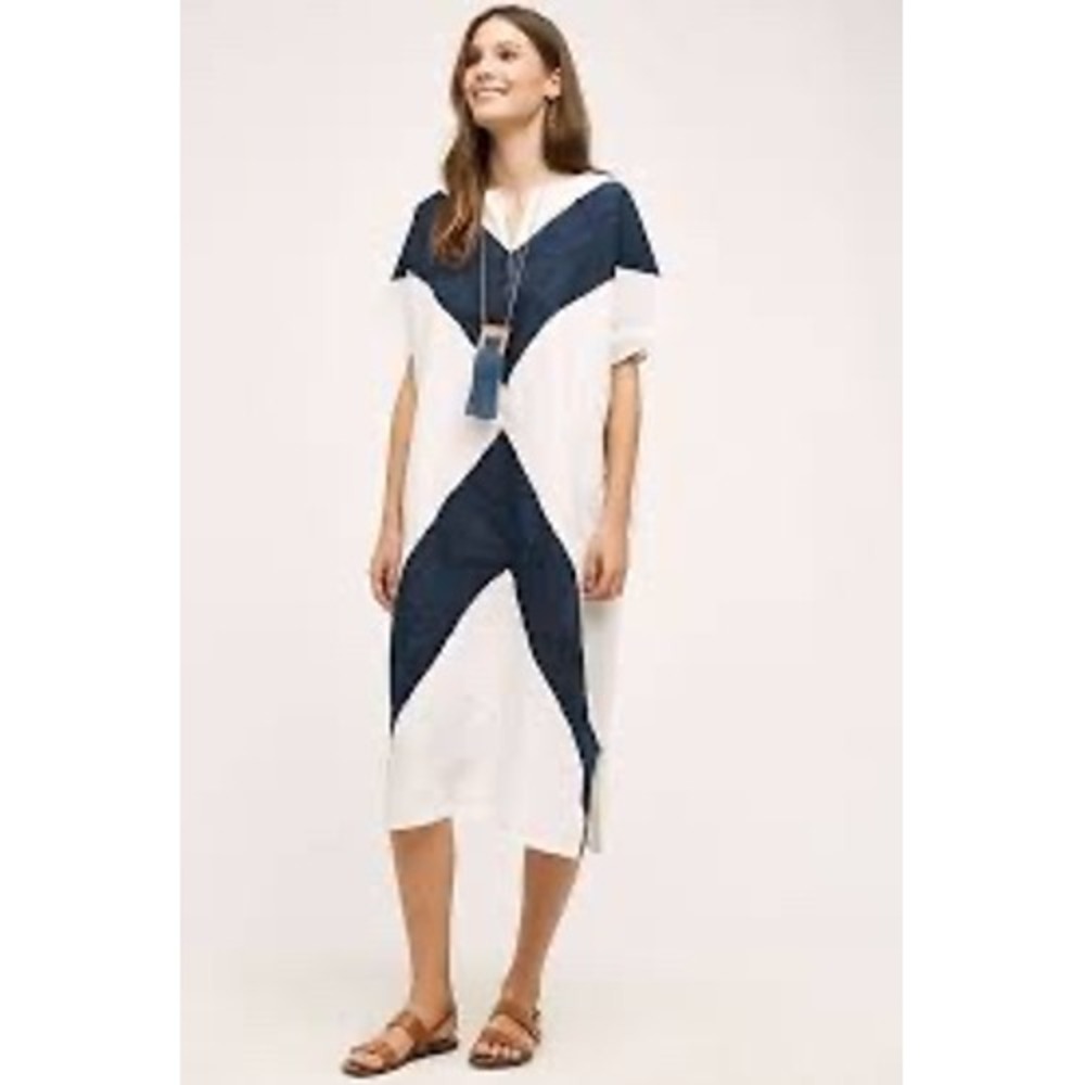 Emerson Fry New York Linen Nova Caftan Dress Navy White Chevron Colorblock OS